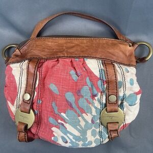 Rare Fossil Fifty Four Taryn Red Pink Blue Tan Brown Leather Trim Hobo Purse